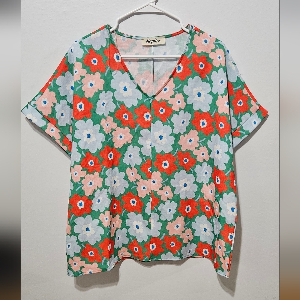 Haptics By Holly Harper Turquoise Green Orange Floral Blouse Loose Med Top B10